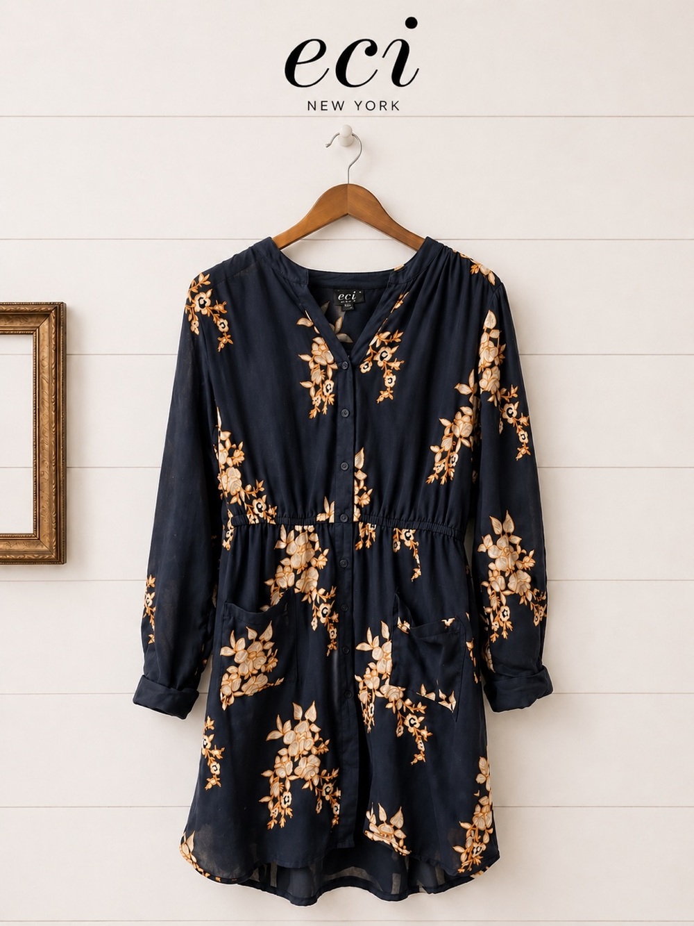 Embroidered Navy Floral Dress – ECI New York (Size 14)